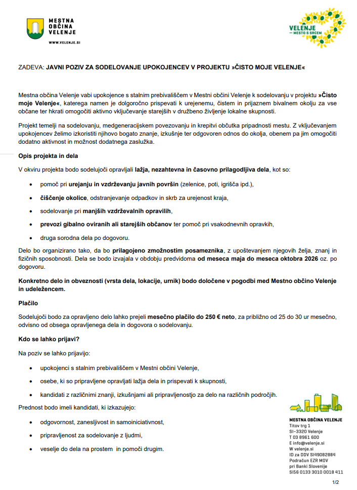 JAVNI POZIV ZA SODELOVANJE UPOKOJENCEV V PROJEKTU ČISTO MOJE VELENJE 2026-1