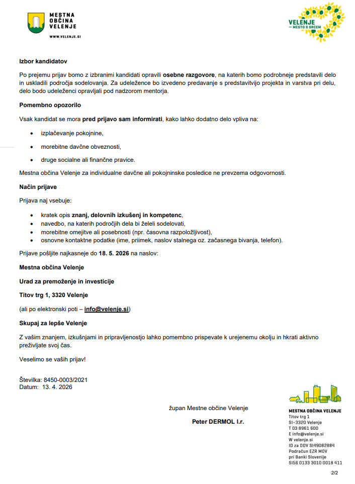 JAVNI POZIV ZA SODELOVANJE UPOKOJENCEV V PROJEKTU ČISTO MOJE VELENJE 2026-2