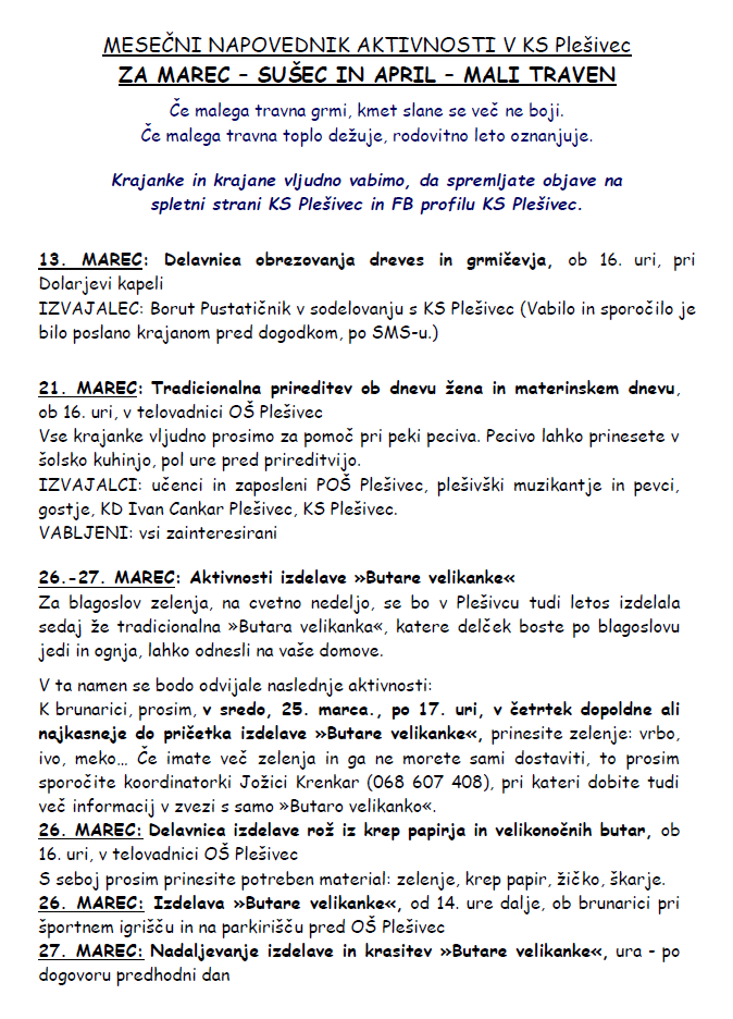 MESEČNI NAPOVEDNIK AKTIVNOSTI ZA MESEC marec,april 2026 Nada-1
